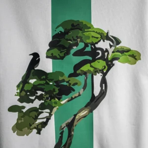zoomed Back view of the Bonsai Tree T-Shirt showing a green vertical stripe with an artistic bonsai tree and crow graphic, printed on white fabric.