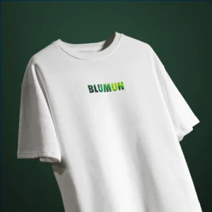 Front view of the Bonsai Tree T-Shirt featuring the word “BLUMUN” in a green, foliage-textured font on a plain white background.