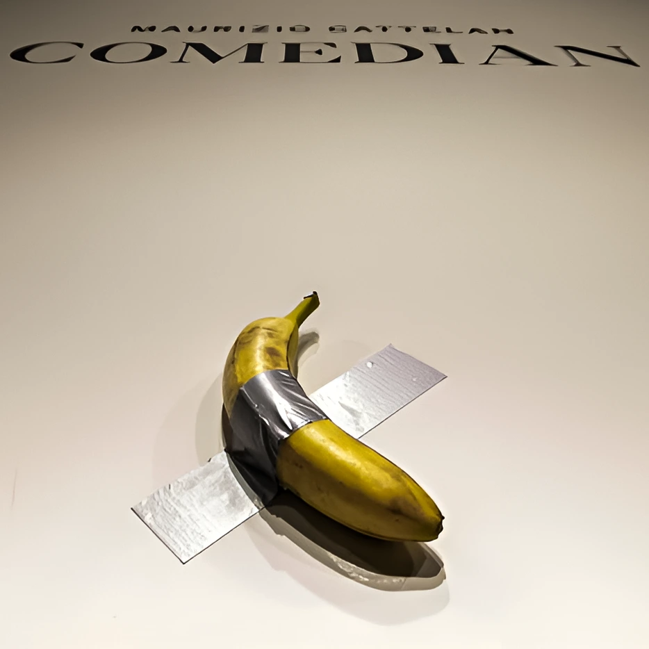 Duct-taped banana art installation titled “Comedian” by Maurizio Cattelan, displayed on a gallery wall, inspiring the $6 Million Banana T-Shirt.