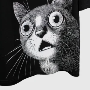 Oversized black t-shirt with white graphic print of surprised cat face – bold streetwear design for cat lovers