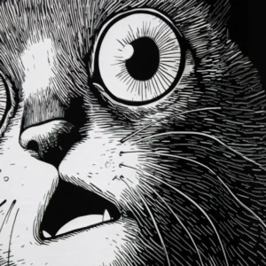 Close-up of shocked cat face graphic on black oversized t-shirt – detailed monochrome streetwear print with expressive eyes and fine line art