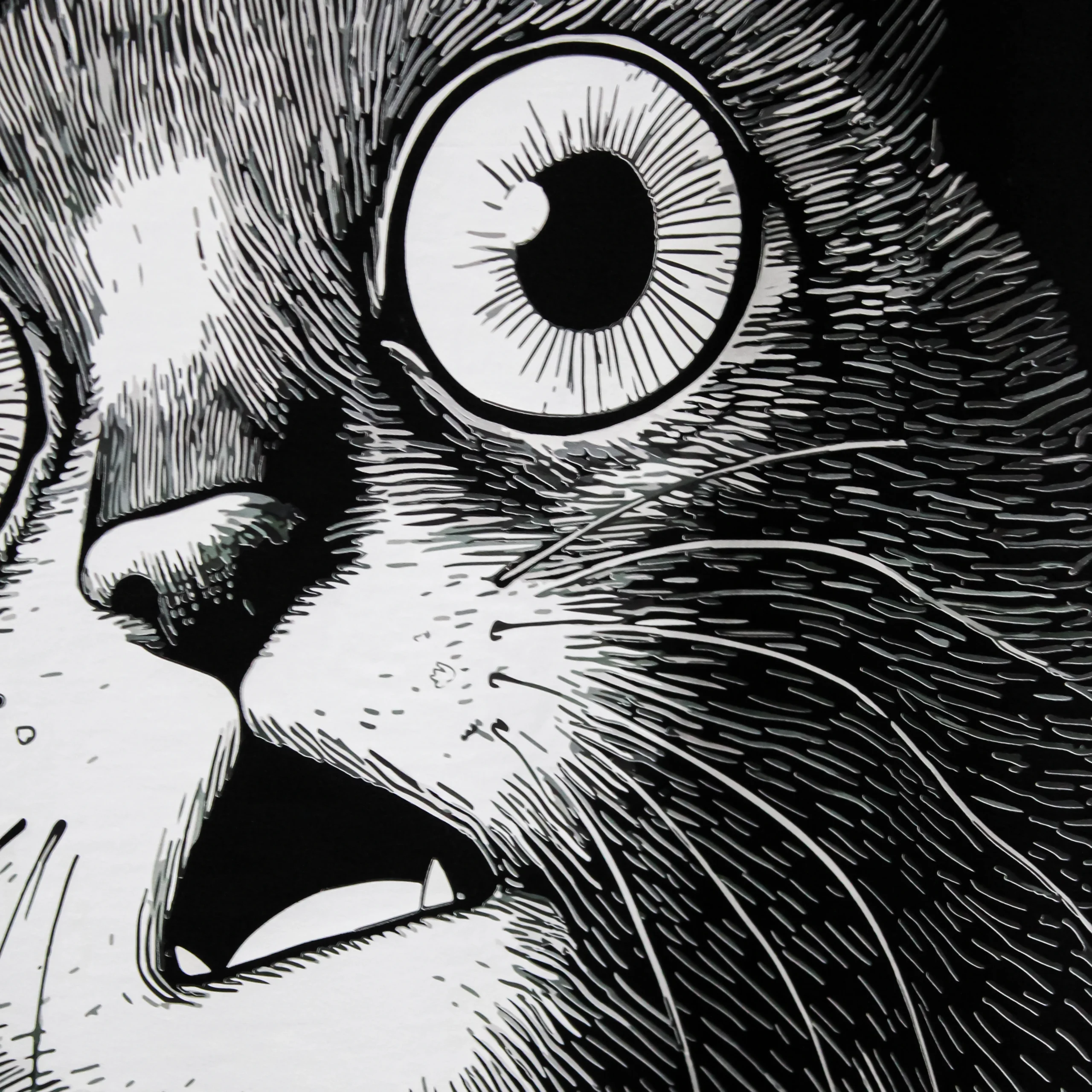 Close-up of shocked cat face graphic on black oversized t-shirt – detailed monochrome streetwear print with expressive eyes and fine line art