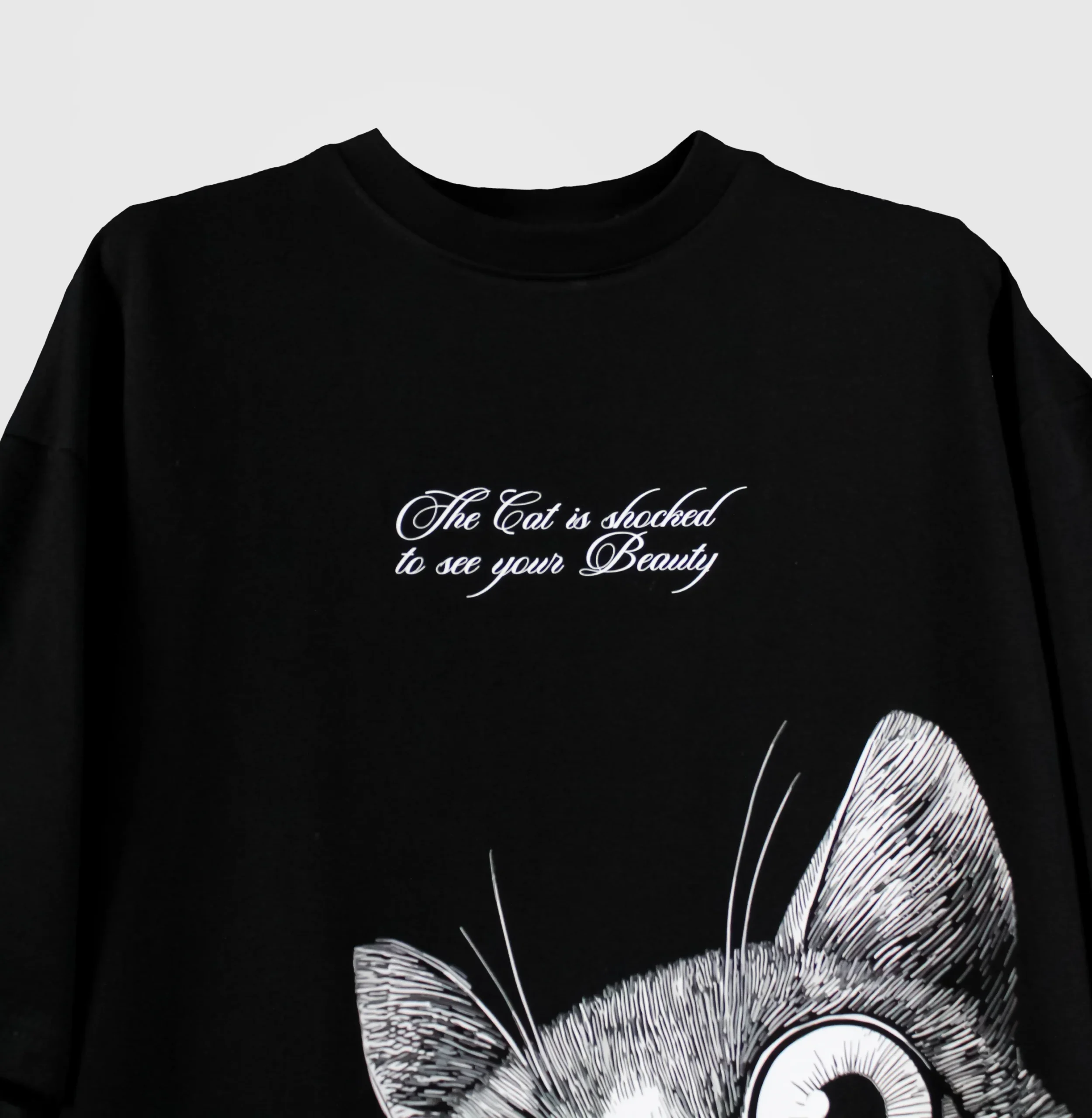 Close-up of black t-shirt with shocked cat illustration and 'The Cat is shocked to see your Beauty' text in cursive font – streetwear graphic detail