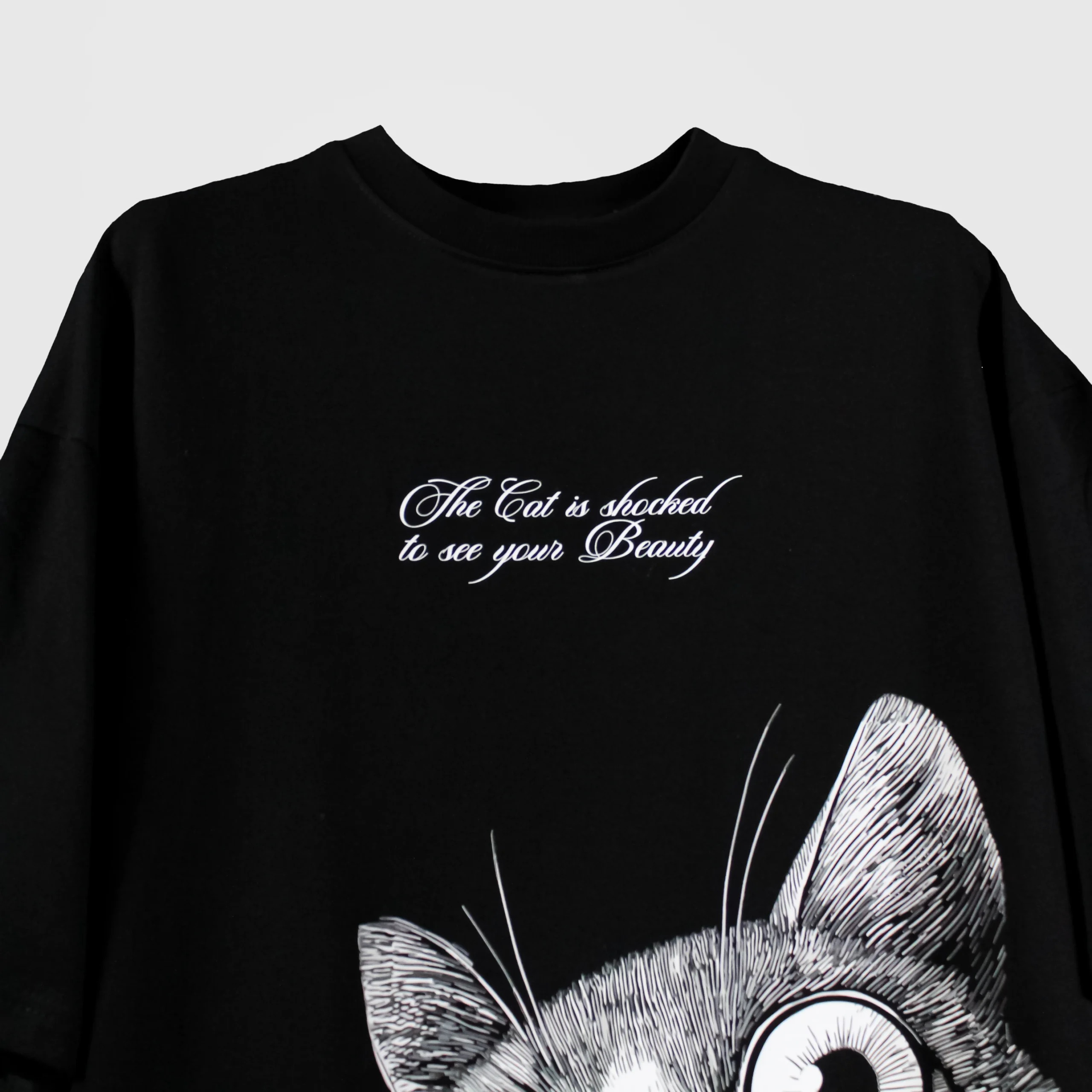 Close-up of black t-shirt with shocked cat illustration and 'The Cat is shocked to see your Beauty' text in cursive font – streetwear graphic detail