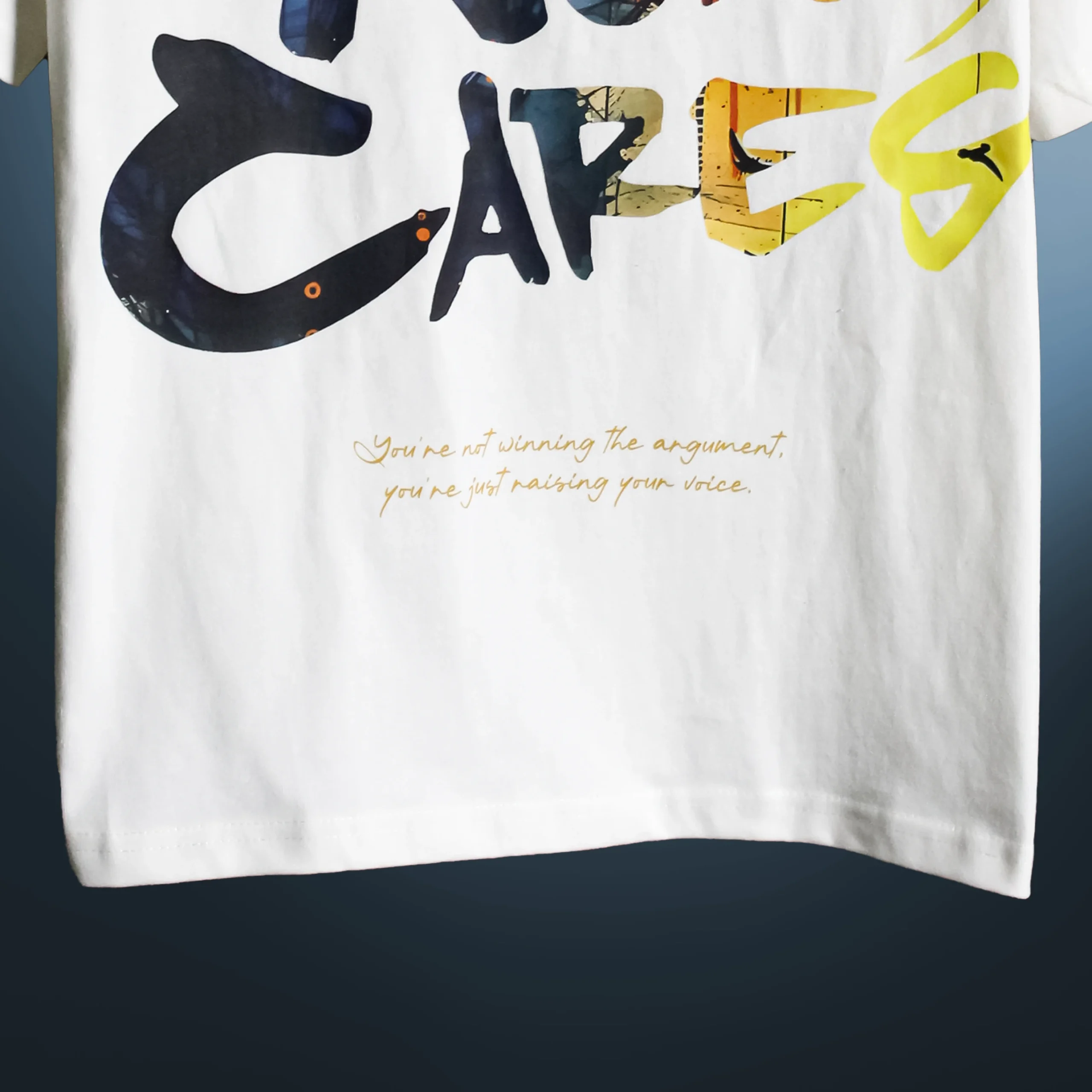 Calm Down Nobody Cares T‑Shirt back view down close up