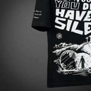 Extreme zoomed left Back view of the GOD'S PLAN oversized t-shirt featuring bold white biblical verse text in stylised hand-drawn font. Premium streetwear t-shirt | oversized t-shirt by BLUMUN